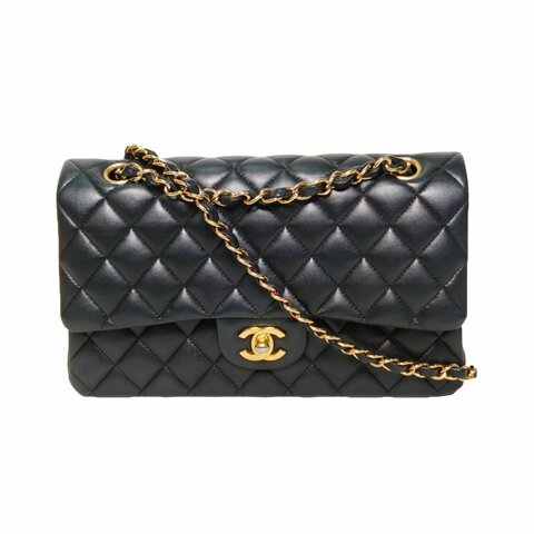 CHANEL CF口蓋包中號25.5黑色羊皮29開金扣菱格紋肩背包