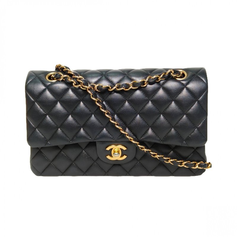 CHANEL CF口蓋包中號25.5黑色羊皮29開金扣菱格紋肩背包-0