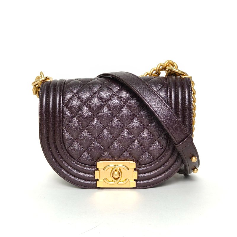 CHANEL Leboy馬鞍包18深巧克力色荔枝牛皮晶片開金扣菱格紋肩背包-0