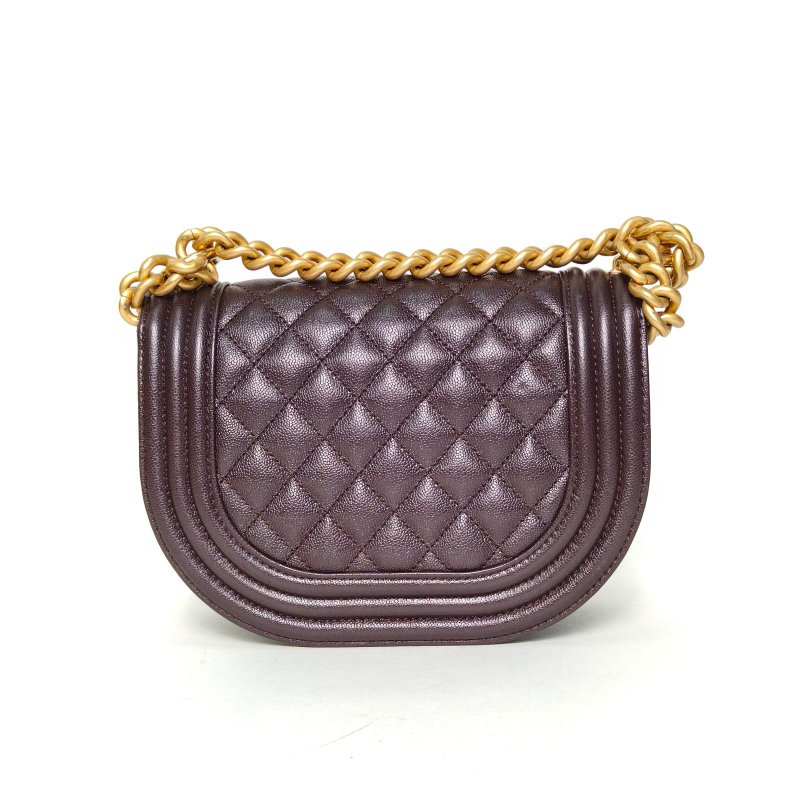 CHANEL Leboy馬鞍包18深巧克力色荔枝牛皮晶片開金扣菱格紋肩背包-2