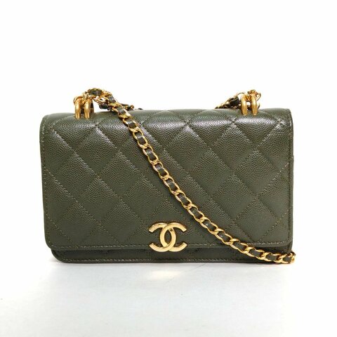 CHANEL 手柄CFWOC19綠色荔枝牛皮晶片開金扣雙C吊飾雙皮穿鏈手柄肩背包