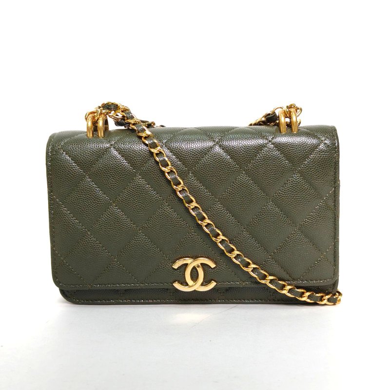 CHANEL 手柄CFWOC19綠色荔枝牛皮晶片開金扣雙C吊飾雙皮穿鏈手柄肩背包-0