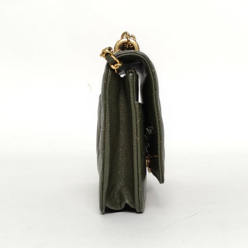 CHANEL 手柄CFWOC19綠色荔枝牛皮晶片開金扣雙C吊飾雙皮穿鏈手柄肩背包-1