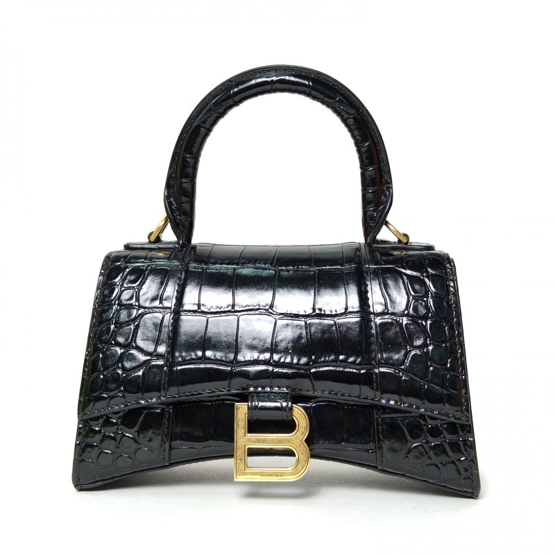 BALENCIAGA Hourglass沙漏XS碼鱷魚壓紋黑色牛皮Lisa同款肩背包-0