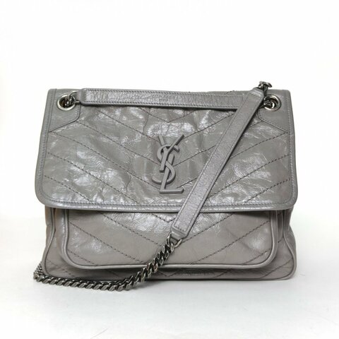 SAINT LAURENT NIKI中號褶皺絎縫鏈條斜挎包大象灰牛皮銀扣肩背包