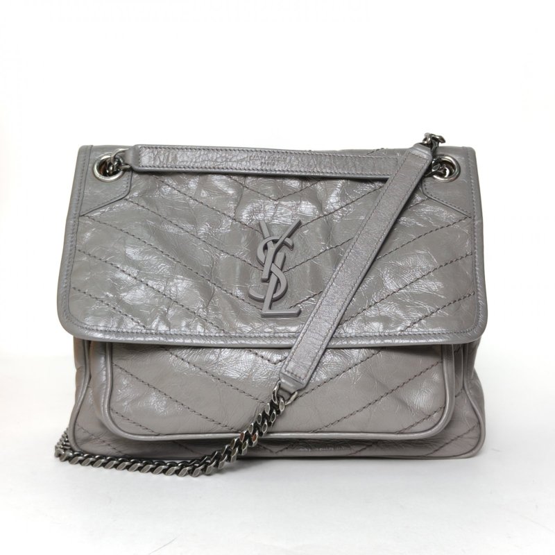 SAINT LAURENT NIKI中號褶皺絎縫鏈條斜挎包大象灰牛皮銀扣肩背包-0