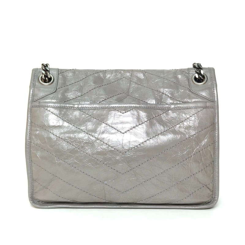 SAINT LAURENT NIKI中號褶皺絎縫鏈條斜挎包大象灰牛皮銀扣肩背包-2