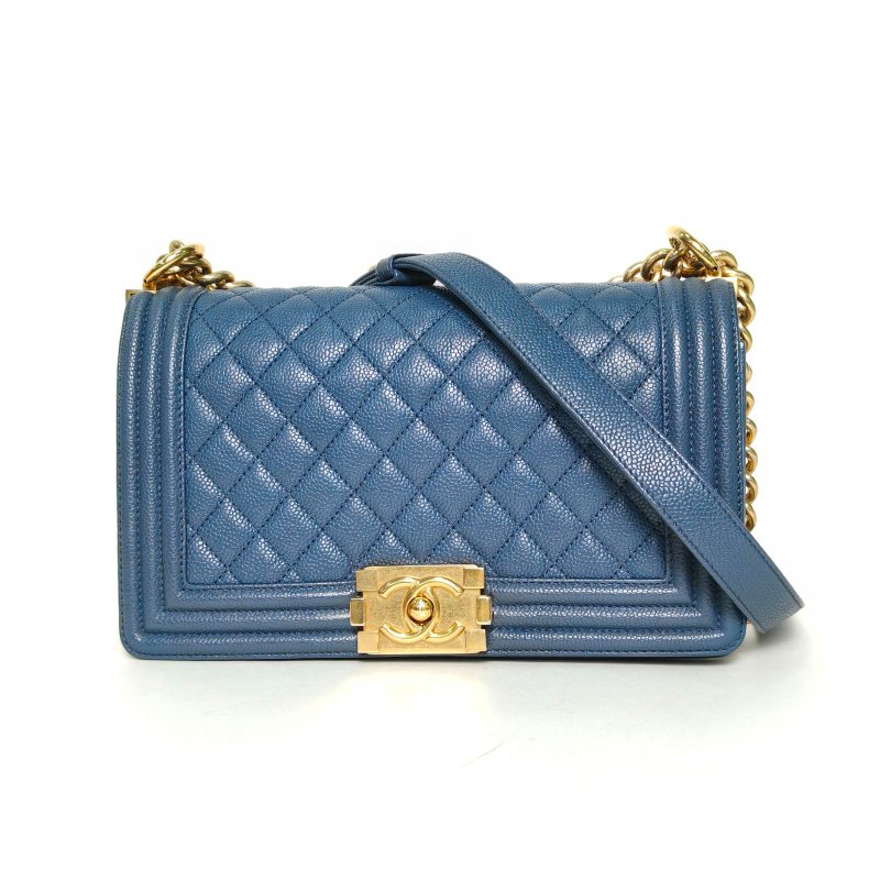 CHANEL Leboy中號藍色荔枝牛皮23開金扣肩背包-0