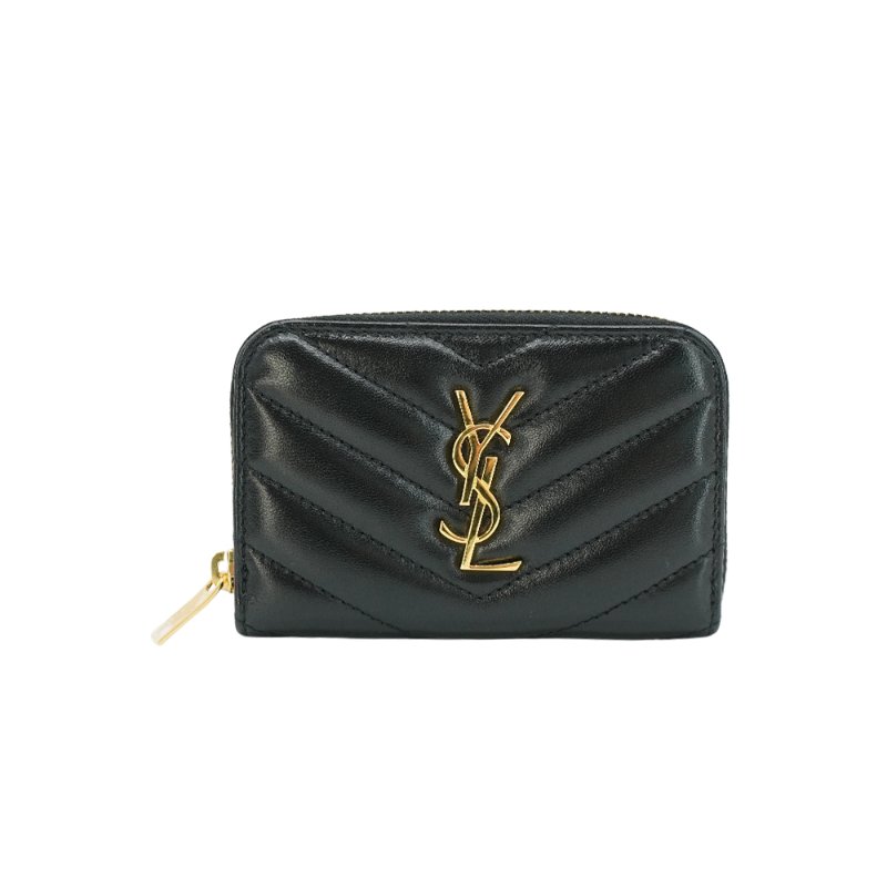 YSL 展示品 小羊皮拉鍊零錢卡包(753788-黑)-0