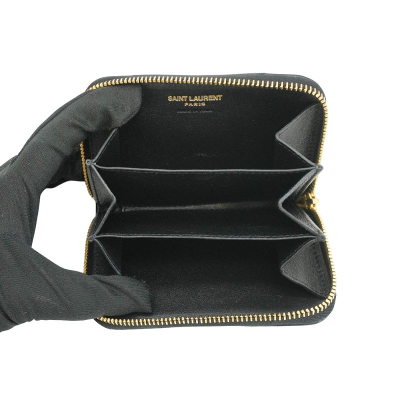 YSL 展示品 小羊皮拉鍊零錢卡包(753788-黑)-4