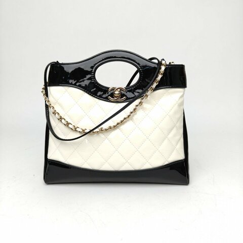 CHANEL 31BagMini22黑白漆皮晶片開淺金扣肩背包