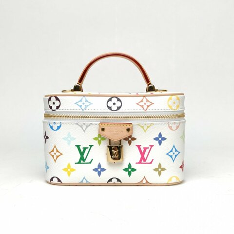 LOUIS VUITTON Vanity化妝包村上隆聯名19白三彩PVC金扣晶片肩背包