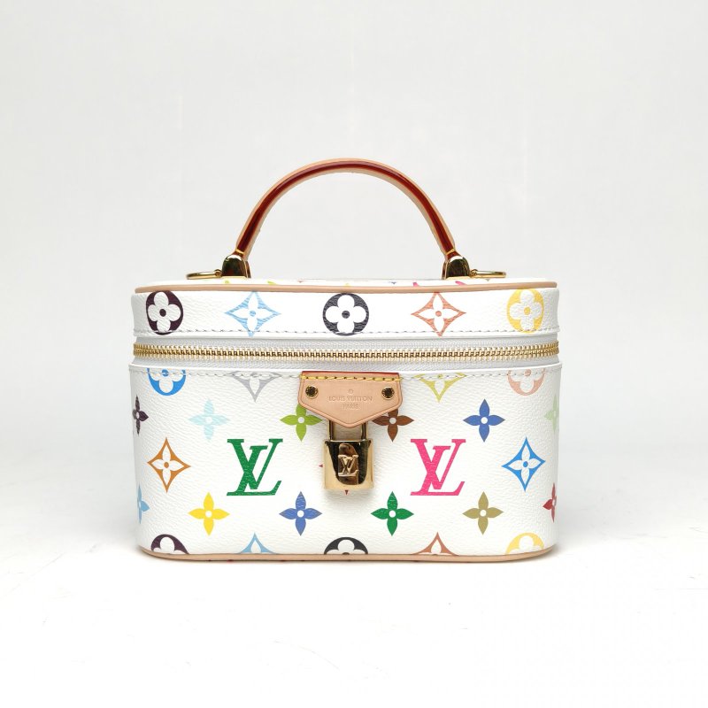 LOUIS VUITTON Vanity化妝包村上隆聯名19白三彩PVC金扣晶片肩背包-0