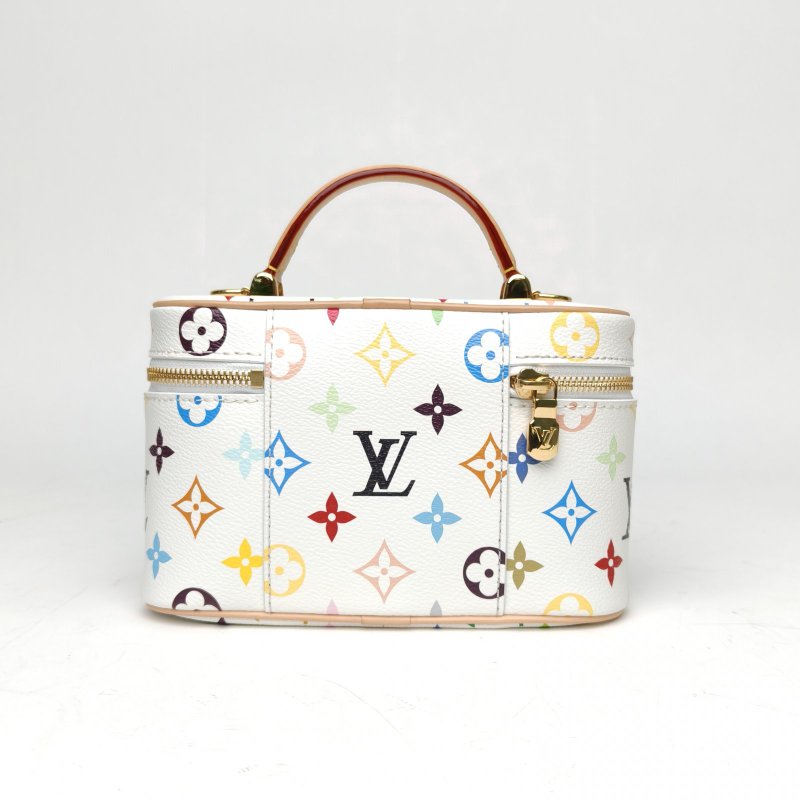 LOUIS VUITTON Vanity化妝包村上隆聯名19白三彩PVC金扣晶片肩背包-2