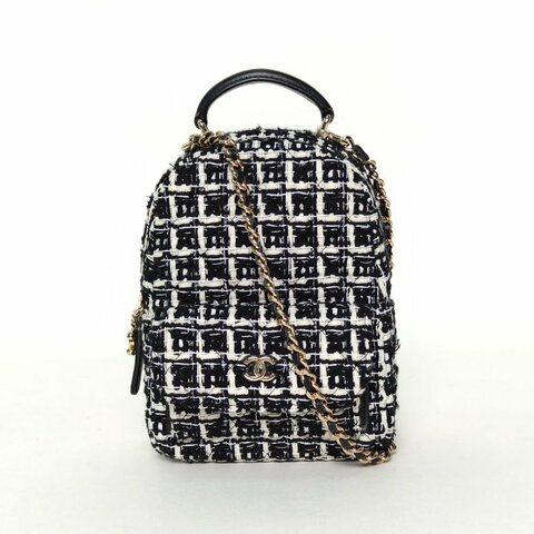 CHANEL 手提前口袋雙肩包13黑白粗花呢鐳射標淺金扣毛呢肩背包