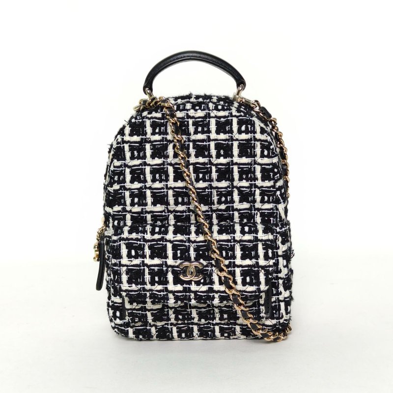 CHANEL 手提前口袋雙肩包13黑白粗花呢鐳射標淺金扣毛呢肩背包-0