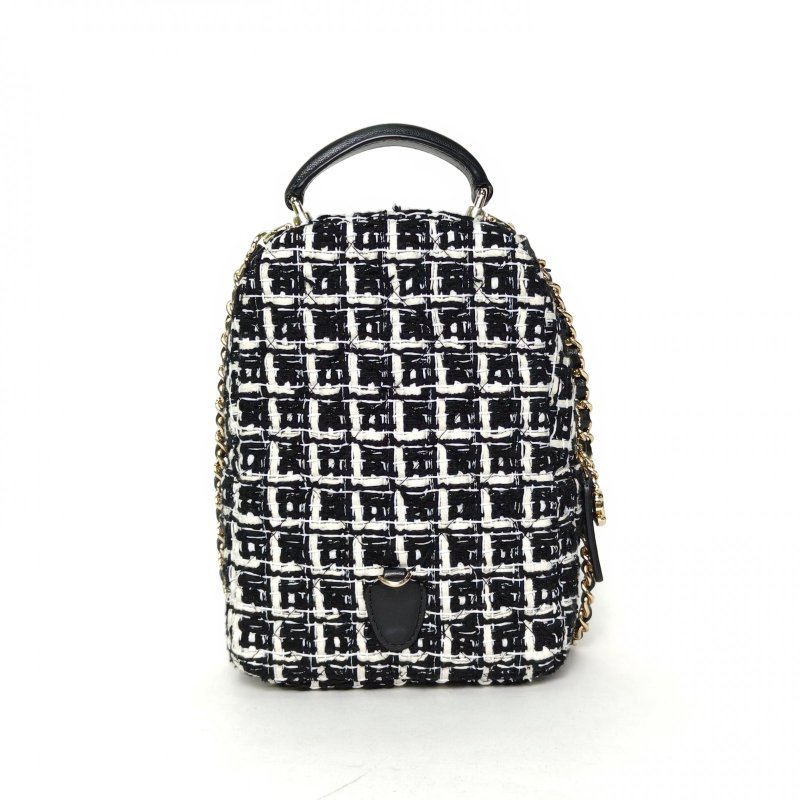 CHANEL 手提前口袋雙肩包13黑白粗花呢鐳射標淺金扣毛呢肩背包-2