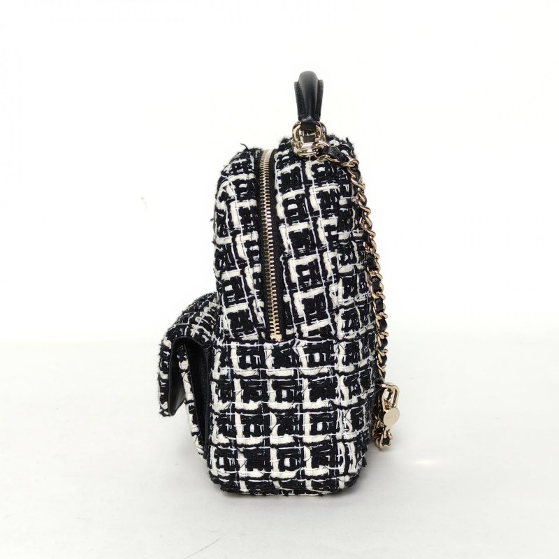 CHANEL 手提前口袋雙肩包13黑白粗花呢鐳射標淺金扣毛呢肩背包-3