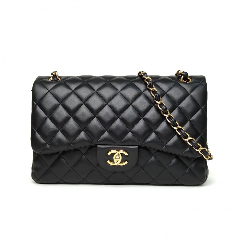 CHANEL CF口蓋包JUMBO30黑色羊皮14開金扣肩背包-0