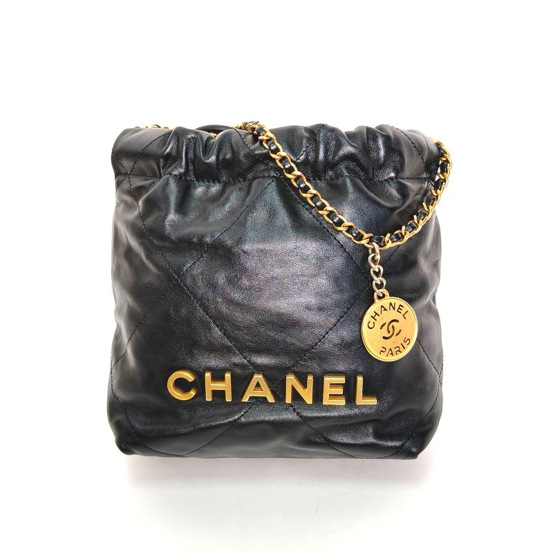 CHANEL 22BagTote托特包Mini20黑色牛皮晶片開金扣肩背包-0