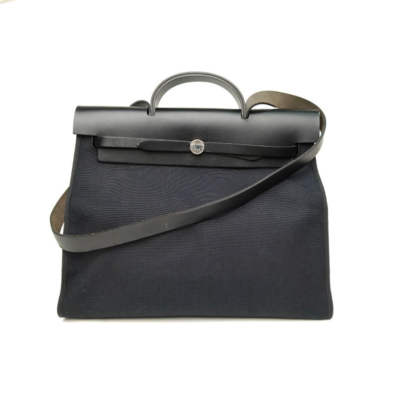 HERMES Herbag3989黑色帆布/Hunter牛皮A刻銀扣肩背包-0