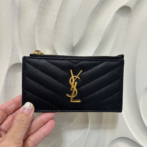 YSL 黑魚子醬金釦一字拉後5卡卡包
