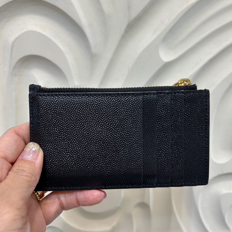 YSL 黑魚子醬金釦一字拉後5卡零錢卡包-3