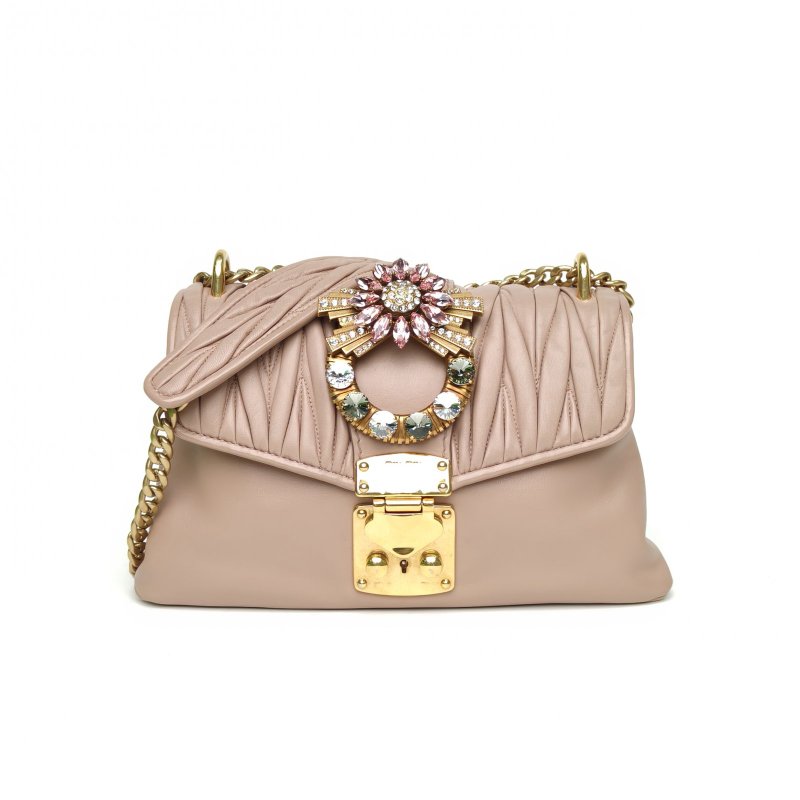 MIU MIU 粉色羊皮金扣鑽扣單肩包肩背包-0