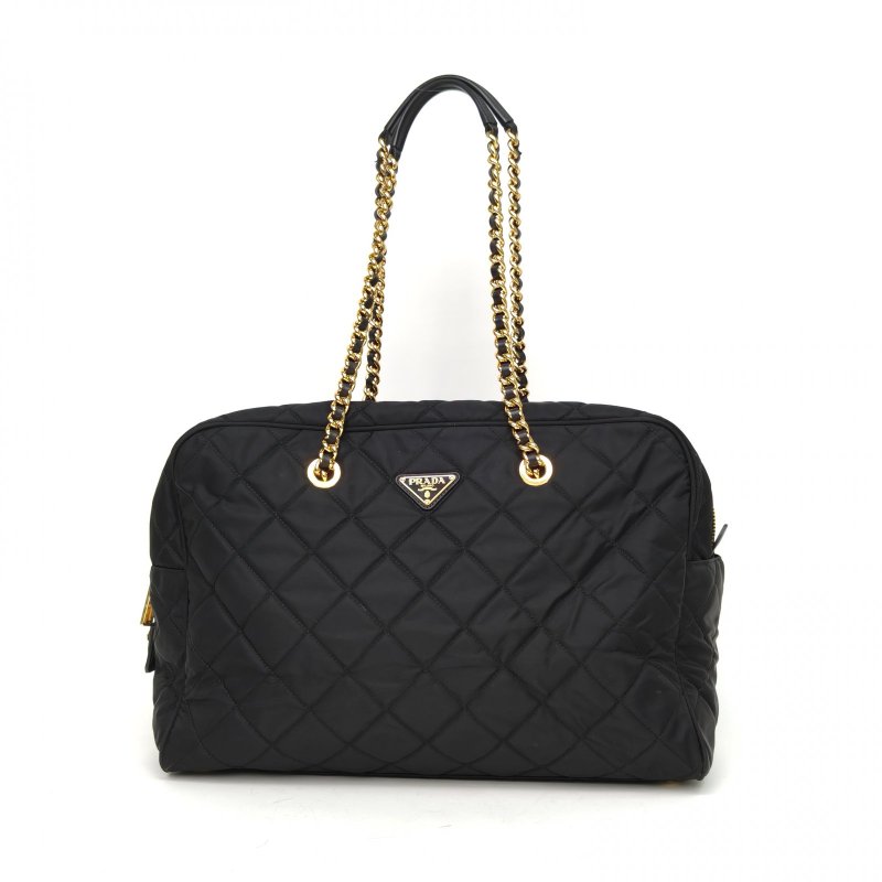 PRADA 黑色尼龍黑金波士頓保齡球40手提單肩包肩背包-0