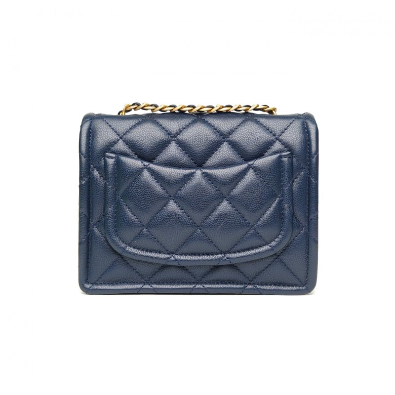 CHANEL 豆腐包小號墨藍色荔枝牛皮31開金扣肩背包-2