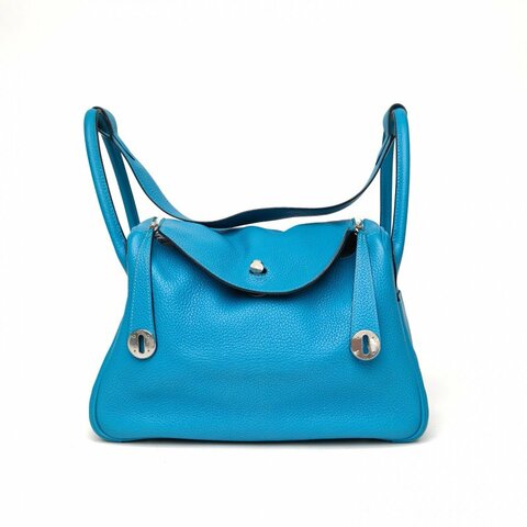 HERMES Lindy307B松石藍TC皮框R銀扣肩背包