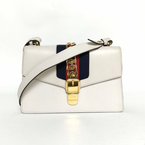 GUCCI Sylvie塞爾維亞絲帶包小號25.5白色牛皮金扣肩背包