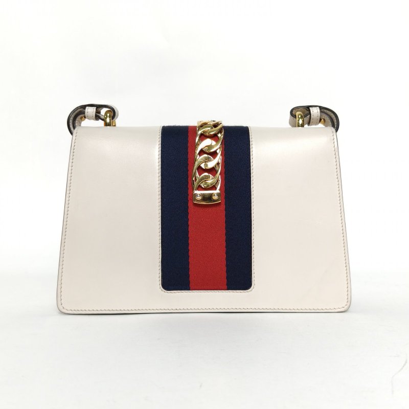 GUCCI Sylvie塞爾維亞絲帶包小號25.5白色牛皮金扣肩背包-2