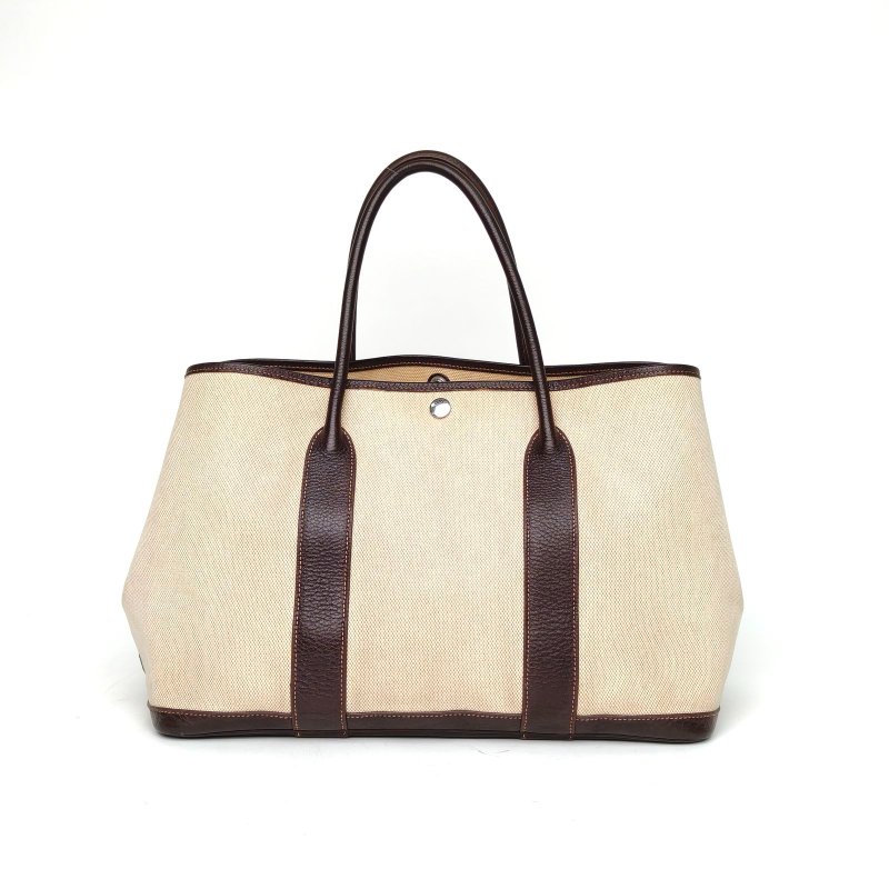 HERMES GardenParty花園包3646烏木色NEGONA皮/帆布銀扣肩背包-0