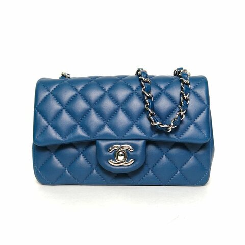 CHANEL CF口蓋包大Mini20藍色羊皮28開銀扣肩背包