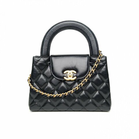 CHANEL 25CKelly鏈條手柄手提包黑色牛皮晶片開金扣肩背包