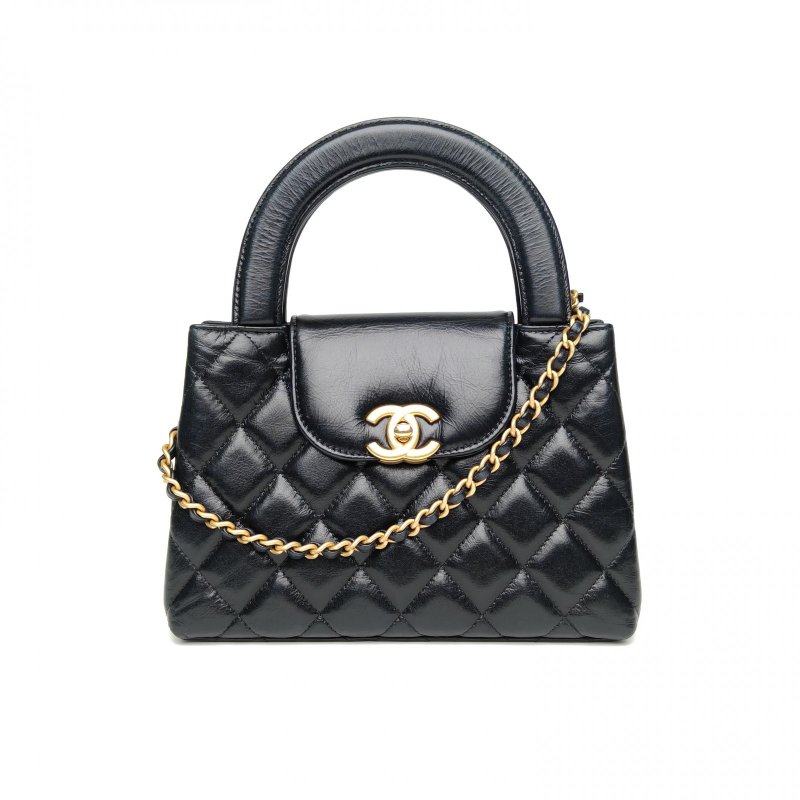 CHANEL 25CKelly鏈條手柄手提包黑色牛皮晶片開金扣肩背包-0
