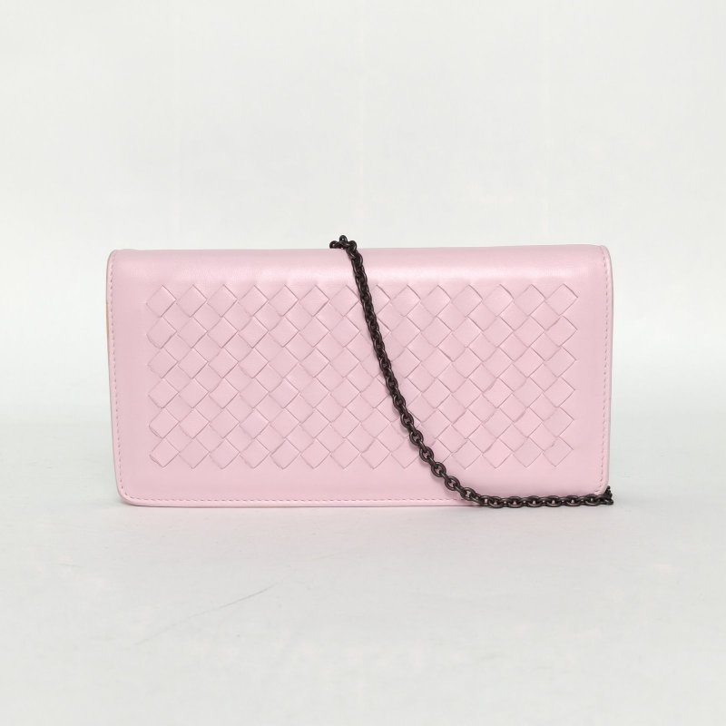 BOTTEGA VENETA 粉色羊皮鎢鋼扣經典編織Woc鏈條包肩背包-0