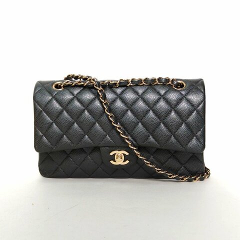 CHANEL CF口蓋包中號25.5深灰色荔枝牛皮25開金扣肩背包