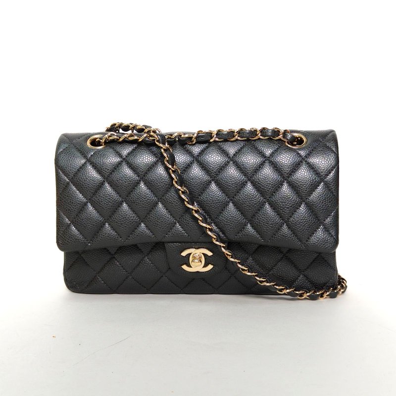 CHANEL CF口蓋包中號25.5深灰色荔枝牛皮25開金扣肩背包-0