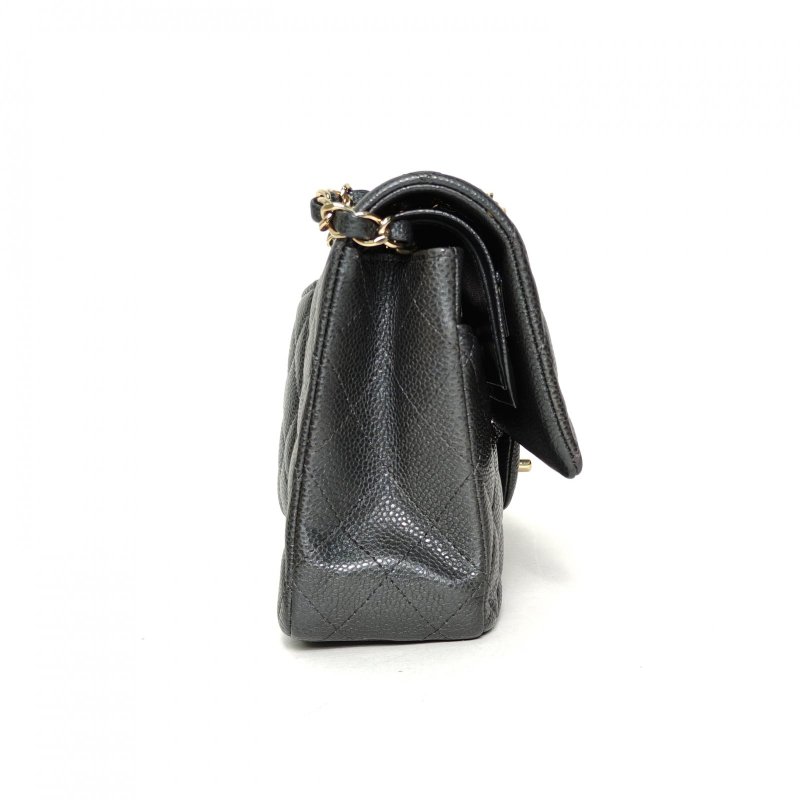 CHANEL CF口蓋包中號25.5深灰色荔枝牛皮25開金扣肩背包-1