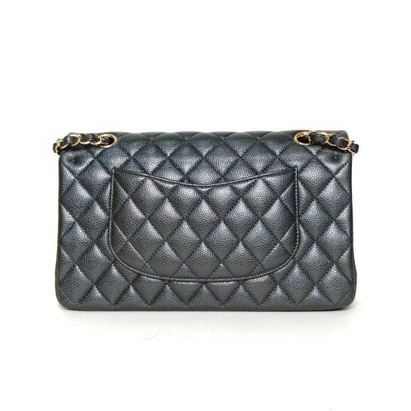 CHANEL CF口蓋包中號25.5深灰色荔枝牛皮25開金扣肩背包-2