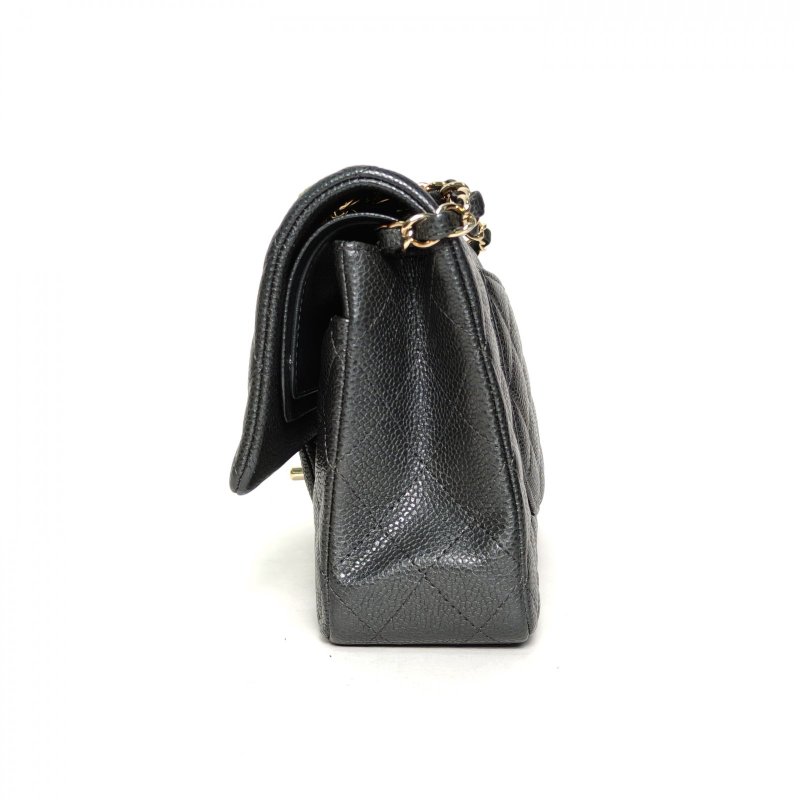 CHANEL CF口蓋包中號25.5深灰色荔枝牛皮25開金扣肩背包-3