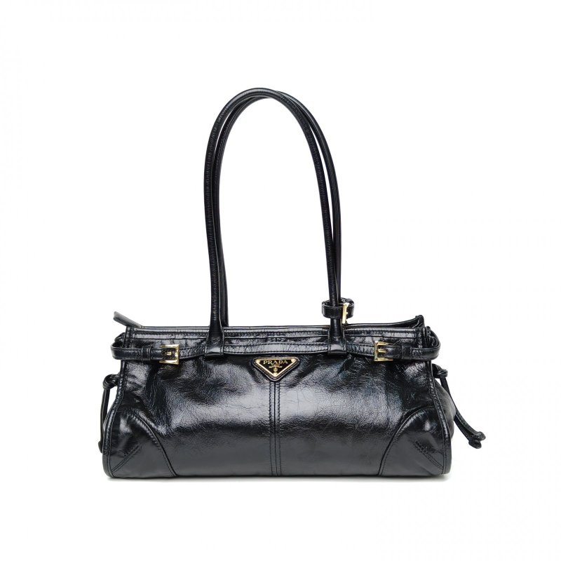 PRADA SoftLux中號黑色油蠟皮金扣肩背包-0