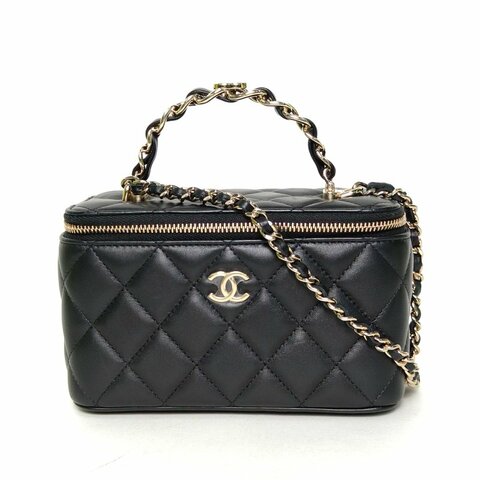 CHANEL 23KLogo手提長盒子化妝包帶鏡子16.5金屬皮穿鏈手柄黑色羊皮鐳射標金扣肩背包