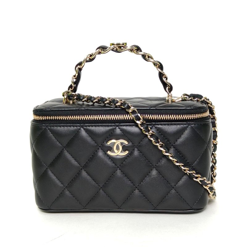 CHANEL 23KLogo手提長盒子化妝包帶鏡子16.5金屬皮穿鏈手柄黑色羊皮鐳射標金扣肩背包-0