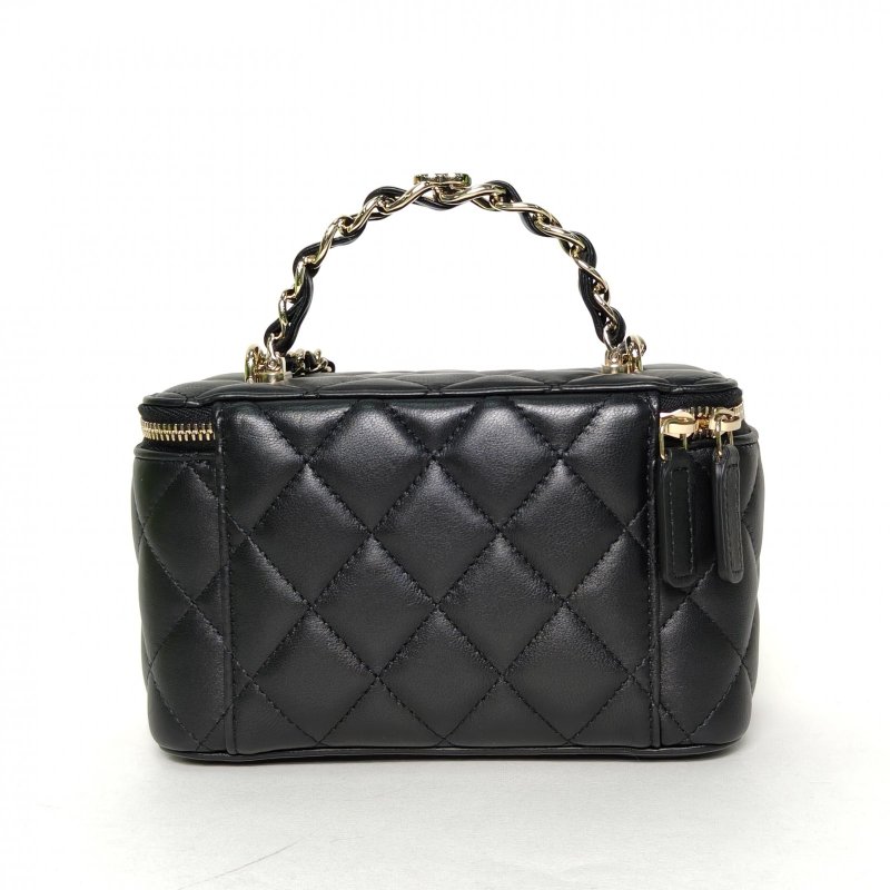 CHANEL 23KLogo手提長盒子化妝包帶鏡子16.5金屬皮穿鏈手柄黑色羊皮鐳射標金扣肩背包-2