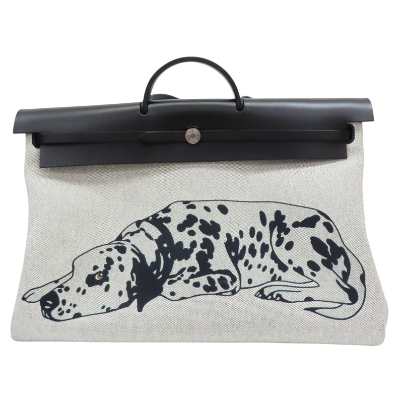 黑色牛皮 黑色帆布 狗狗圖案 Herbag 肩背包 K刻【HERMES 愛馬仕】-0