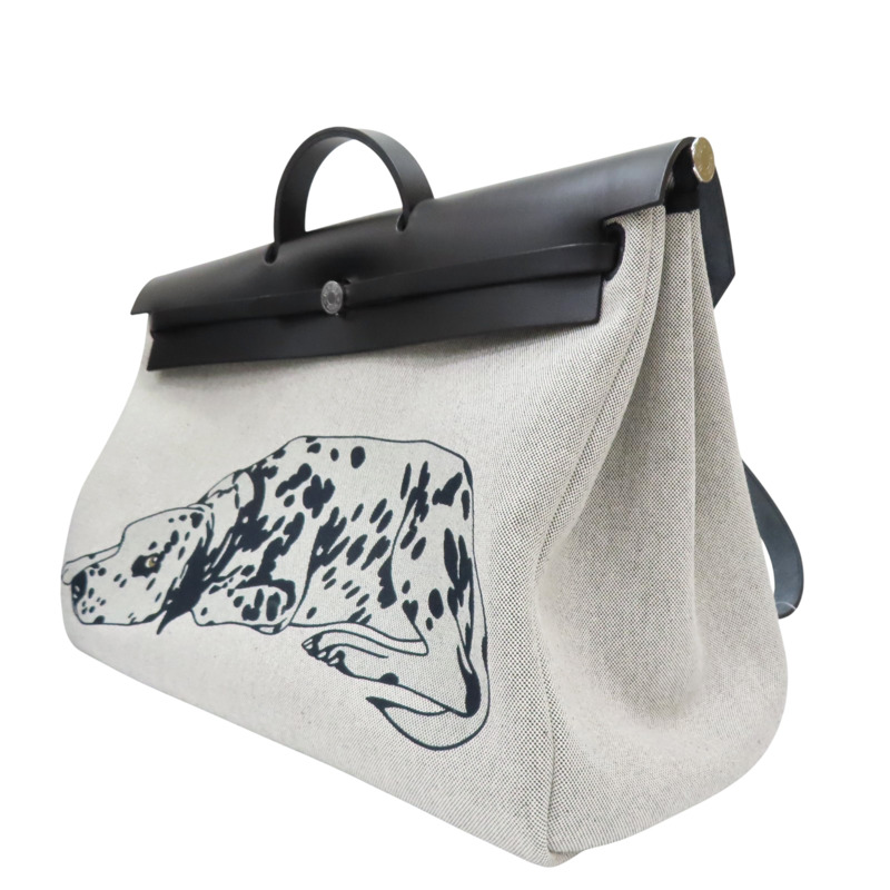 黑色牛皮 黑色帆布 狗狗圖案 Herbag 肩背包 K刻【HERMES 愛馬仕】-2