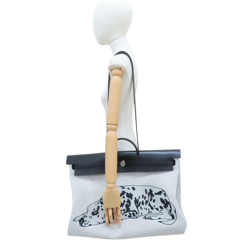 黑色牛皮 黑色帆布 狗狗圖案 Herbag 肩背包 K刻【HERMES 愛馬仕】-10